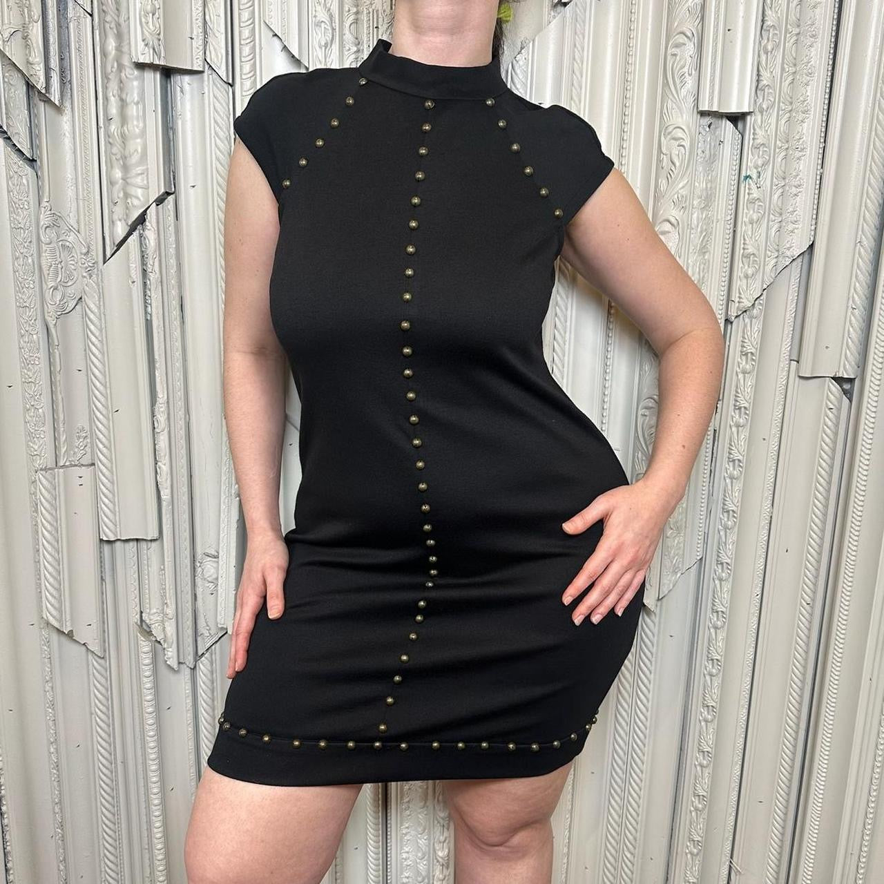 Ice Petite polyester, rayon, spandex blend black mock neck cap sleeve mini dress