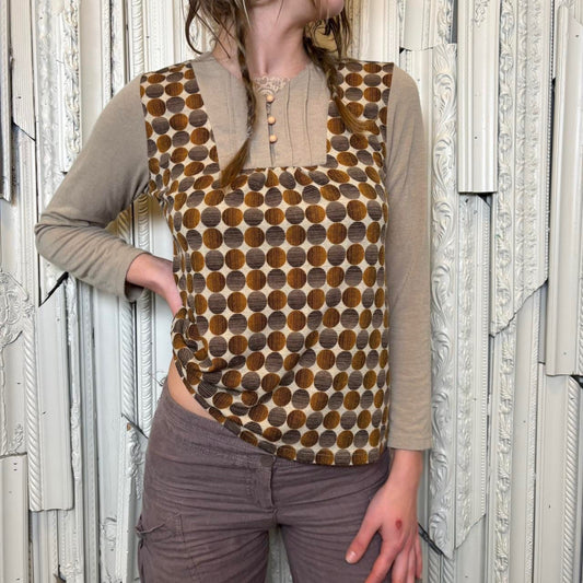 Rouquine khaki and orange mod print long sleeve tee