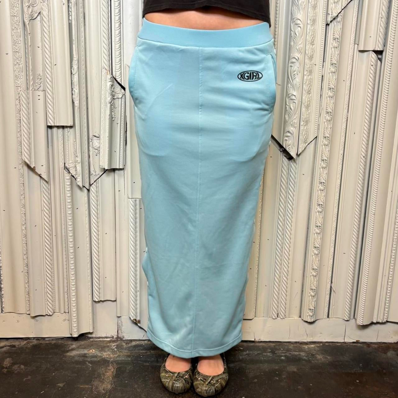 X-Girl light blue snap button sides maxi skirt with pockets