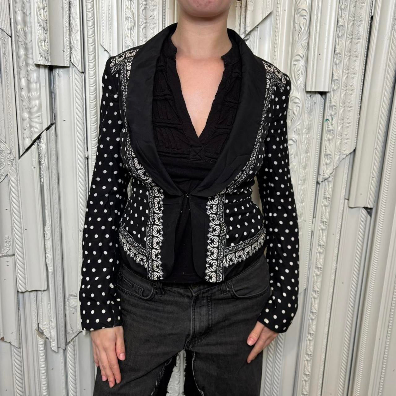 White House Black Market silk black and white polka dot and paisley print blazer