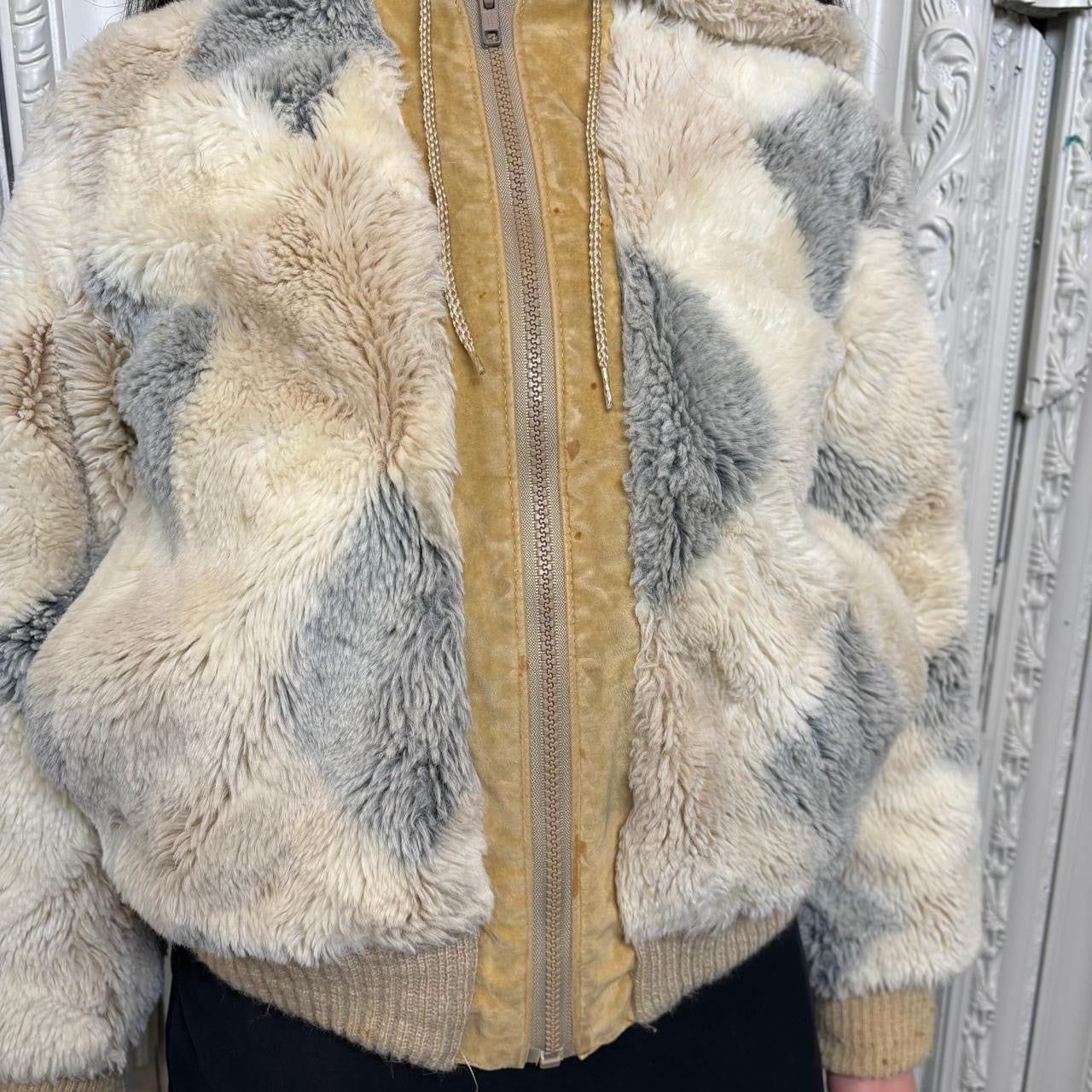 Weather Tamer 60s/70s grey and cream faux fur zip up hoodie