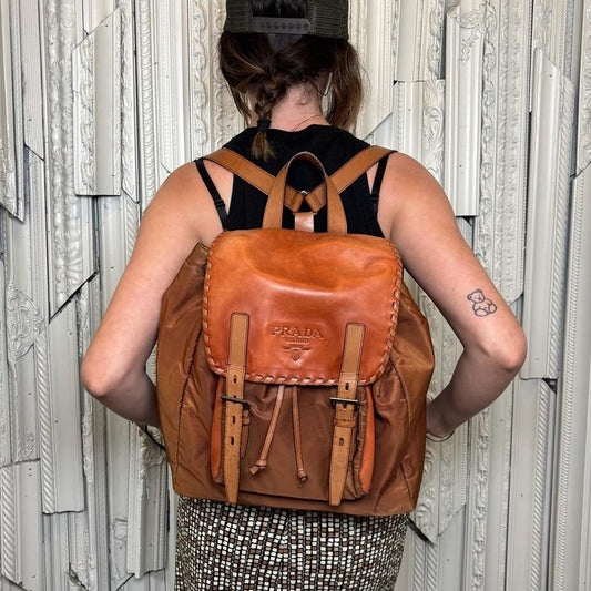 Prada burnt orange nylon and leather backpack