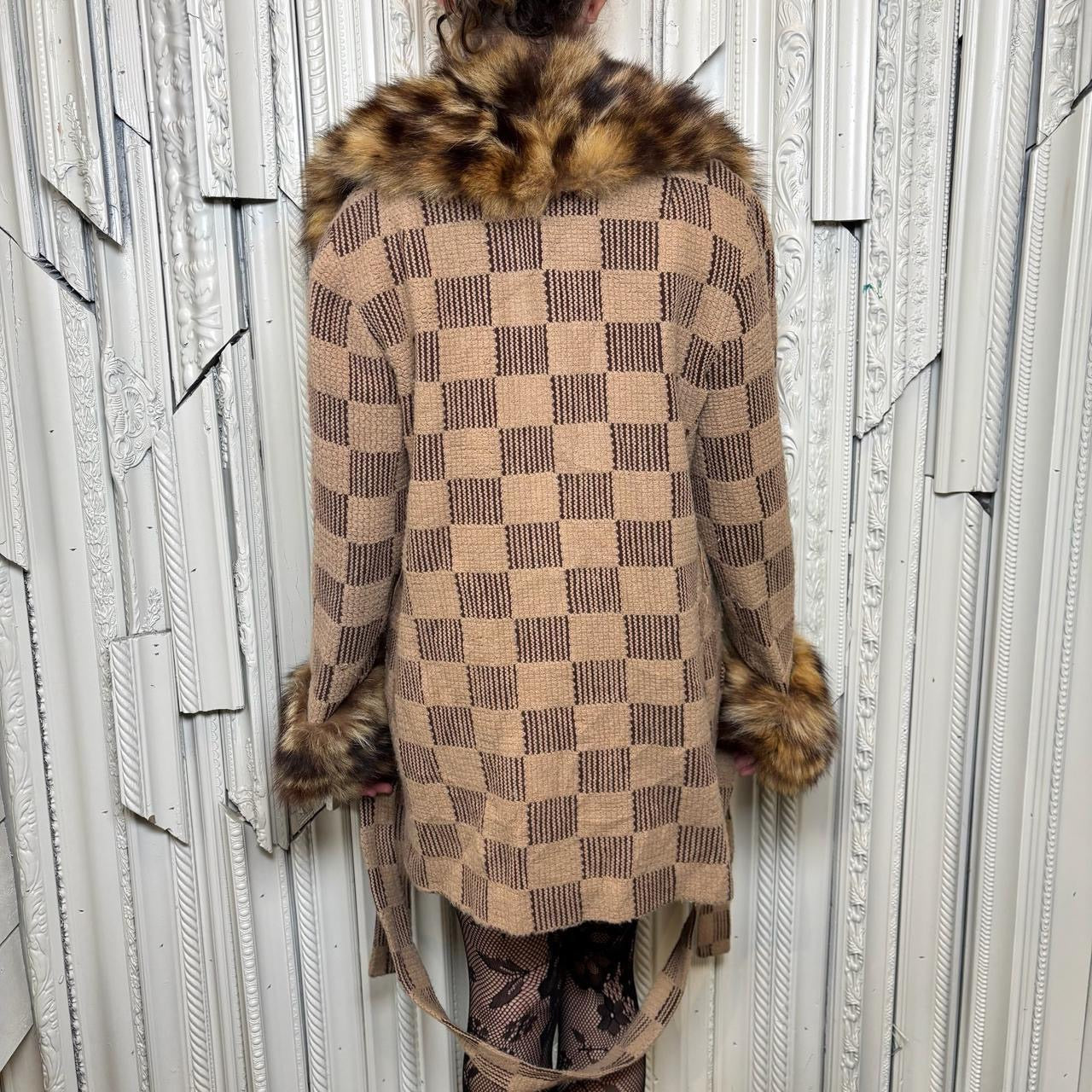 Vintage checkered knit coat with fur trim on neckline and sleeves
