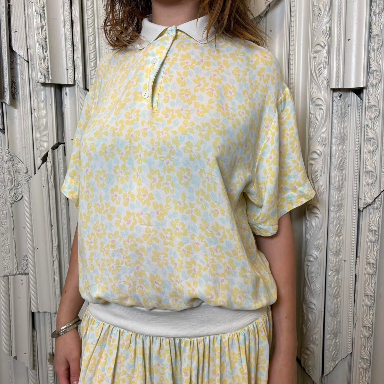 Richard’s multicolored floral print collared button up drop waist midi dress
