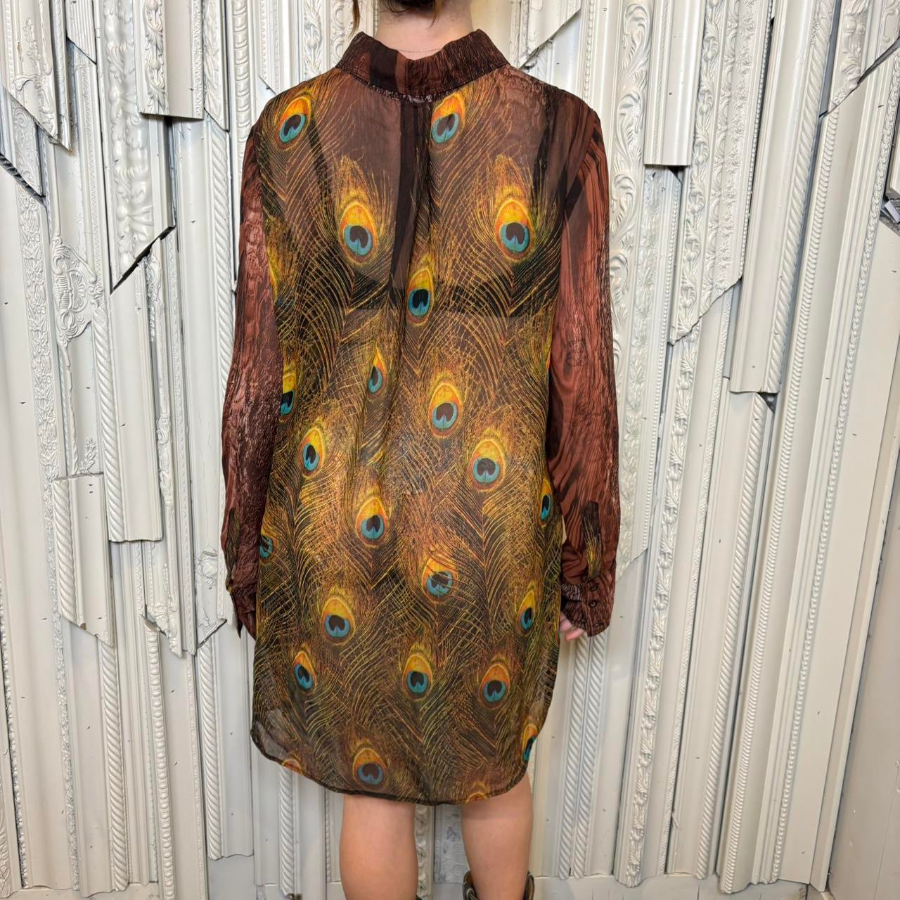 Mesmerize sheer peacock print collared long sleeve button down top