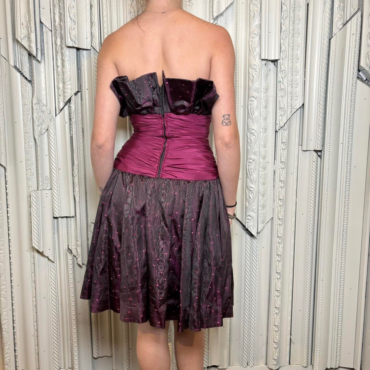 Vintage strapless purple and pink polka dot knee length dress with ruching