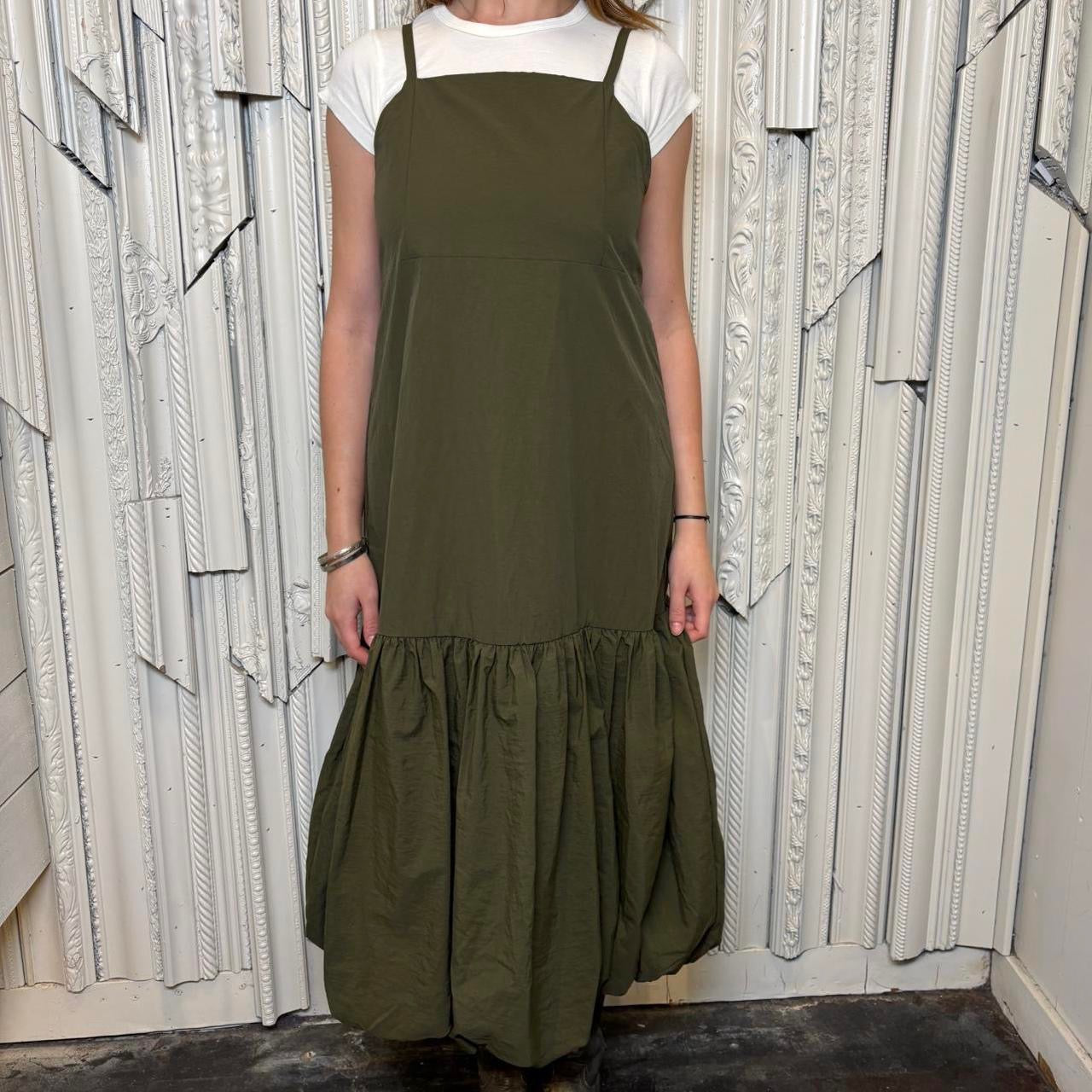 Chip Clip deadstock army green square neck bubble hem maxi dress