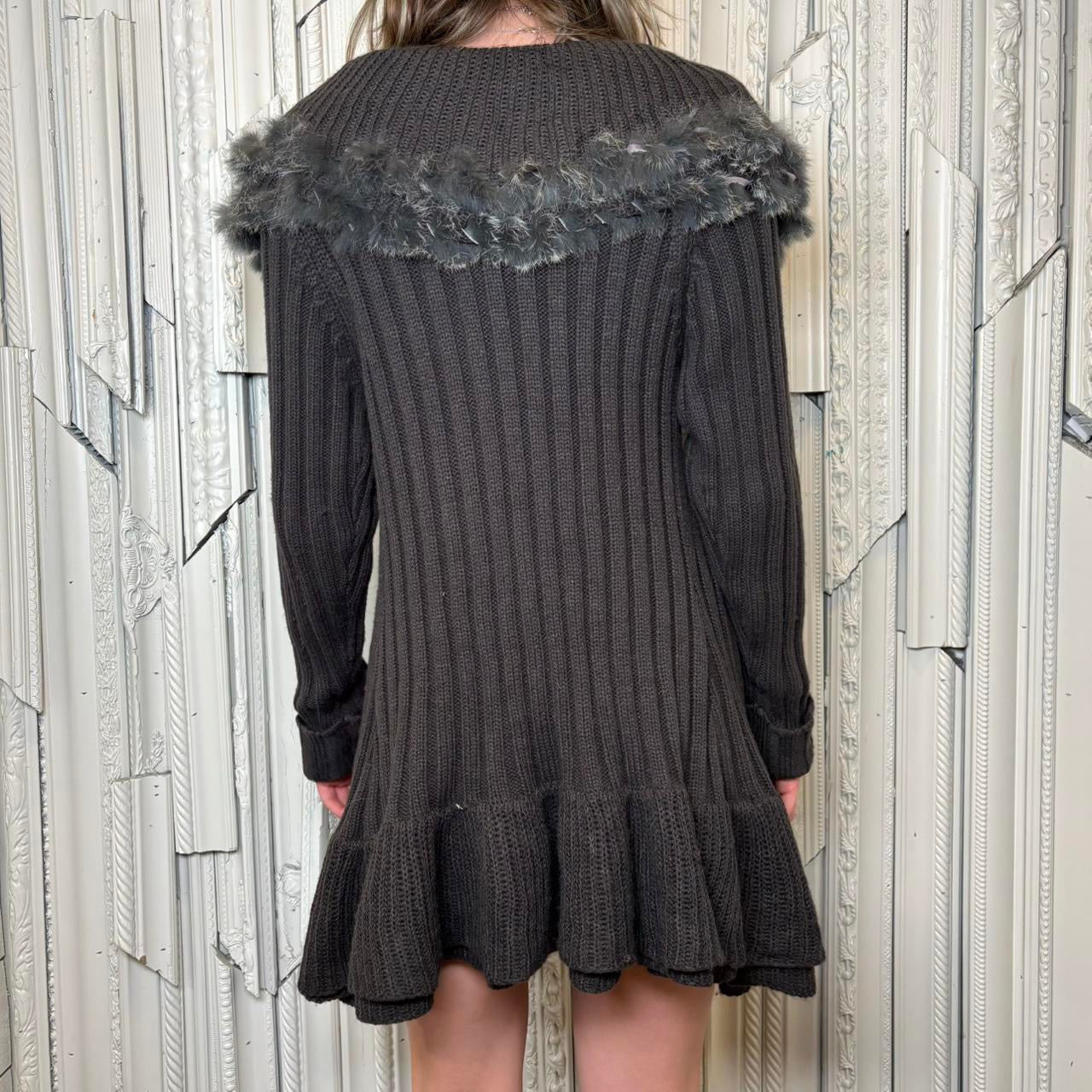 Venus grey knit cardigan with faux fur trim ruffle collar