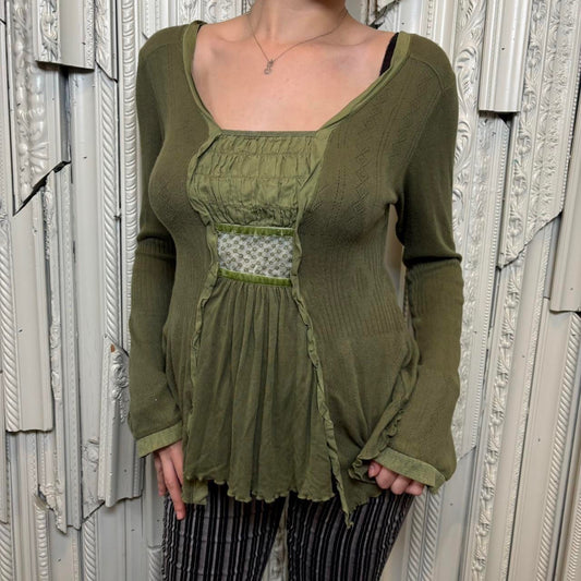 Tiny green square neck long sleeve milkmaid top with ruffle detailing