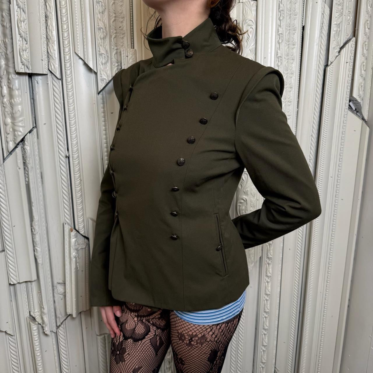 Reese & Riley army green military style mock neck button down jacket