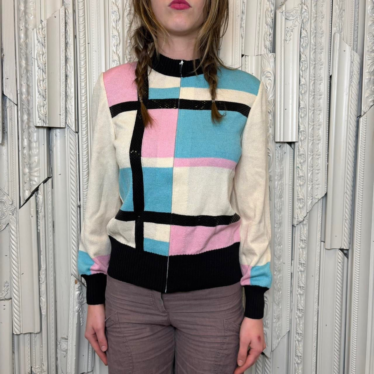 Toula blue, pink, cream color block mock neck zip up sweater