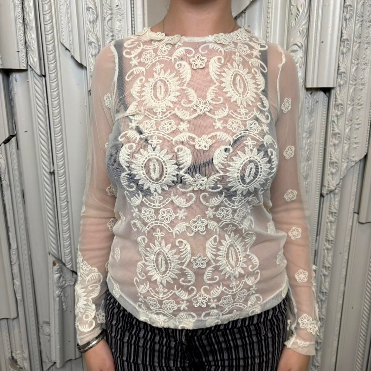 Poof white mesh long sleeve top with floral embroidery detail