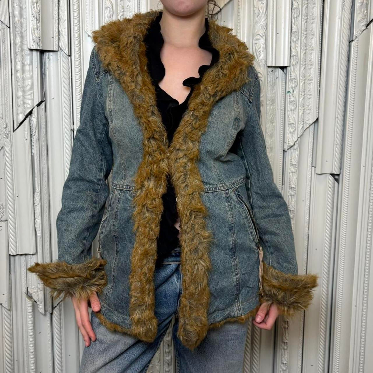 Black Rivet Y2K denim coat with faux fur trim