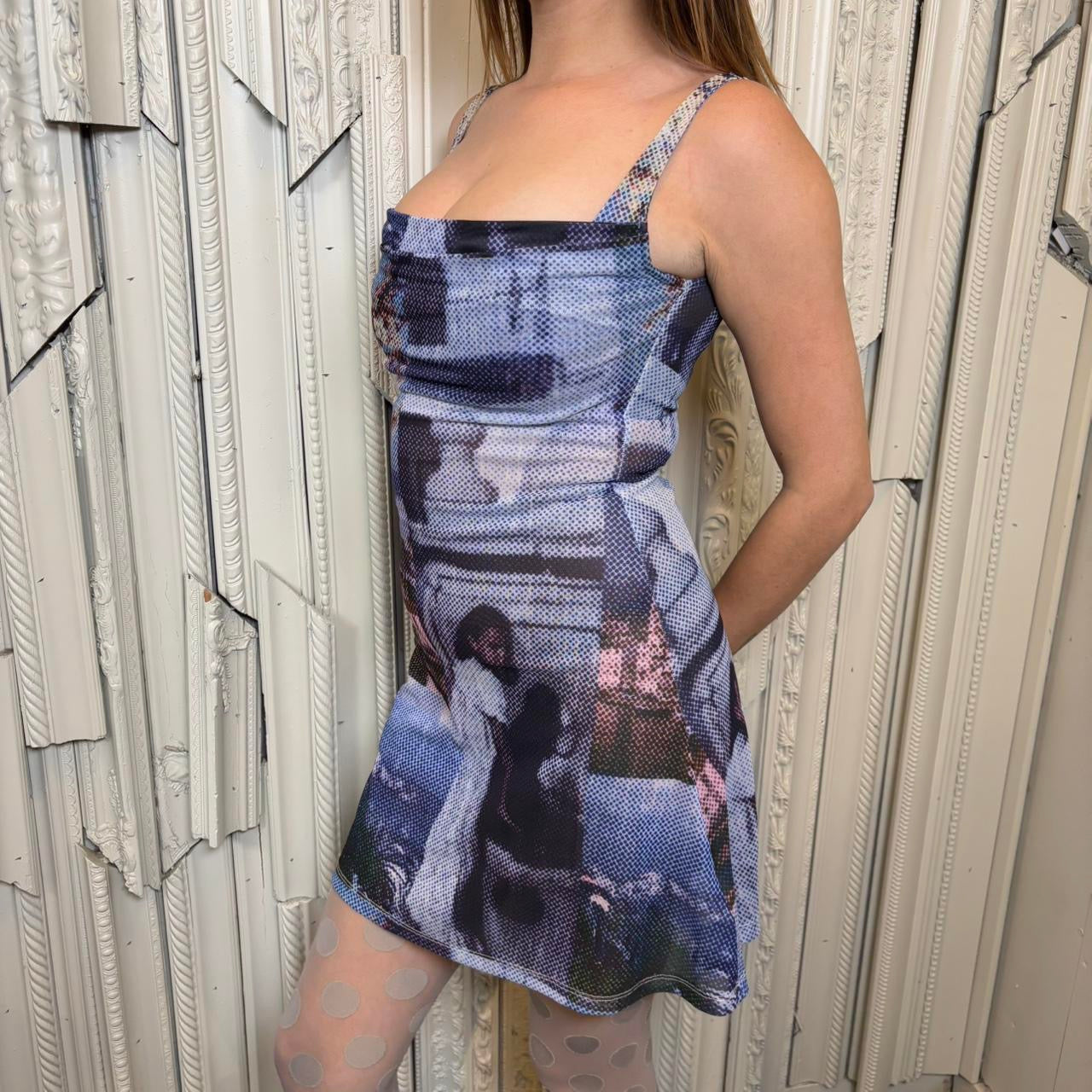 Miaou ginger style mesh mini dress with blue halftone graphics