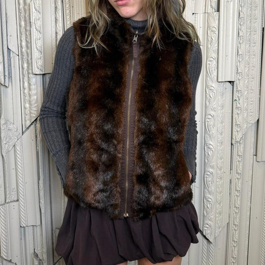 Y2K brown reversible zip up vest with pockets