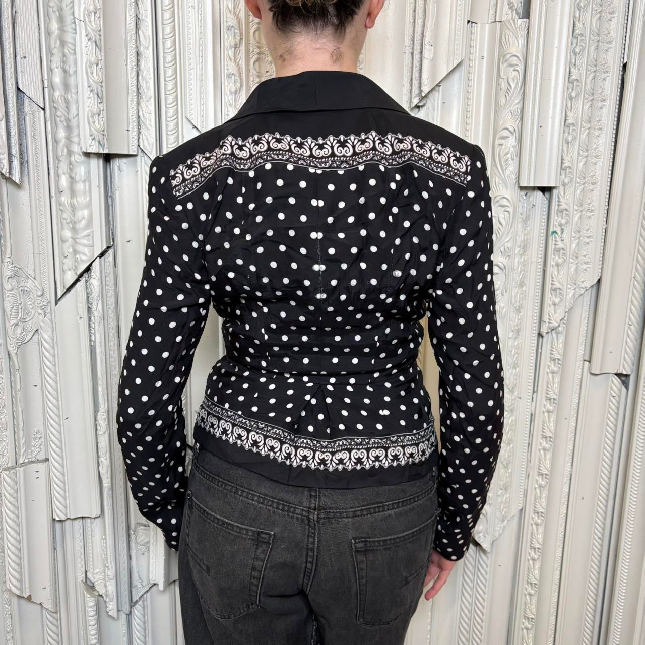 White House Black Market silk black and white polka dot and paisley print blazer