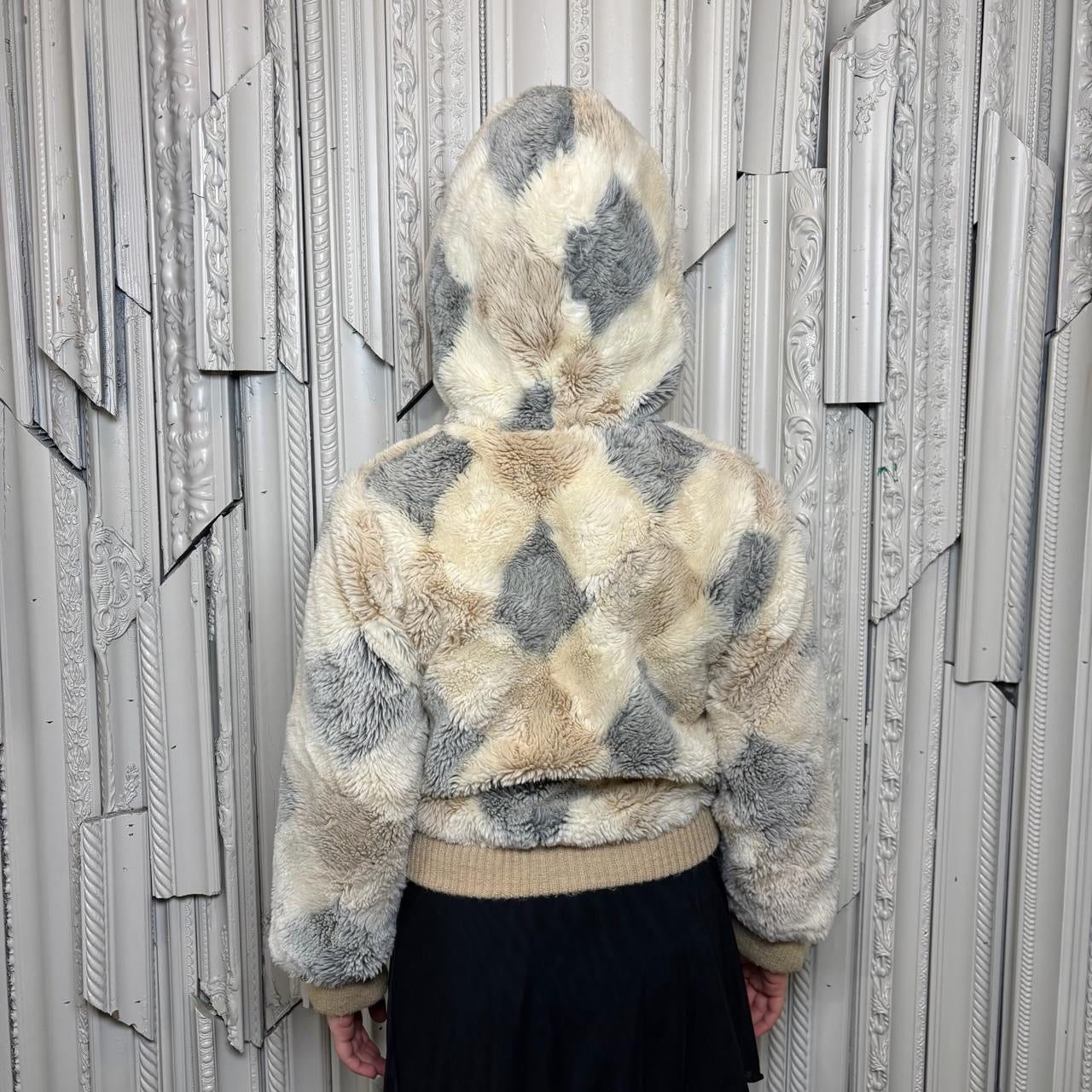 Weather Tamer 60s/70s grey and cream faux fur zip up hoodie