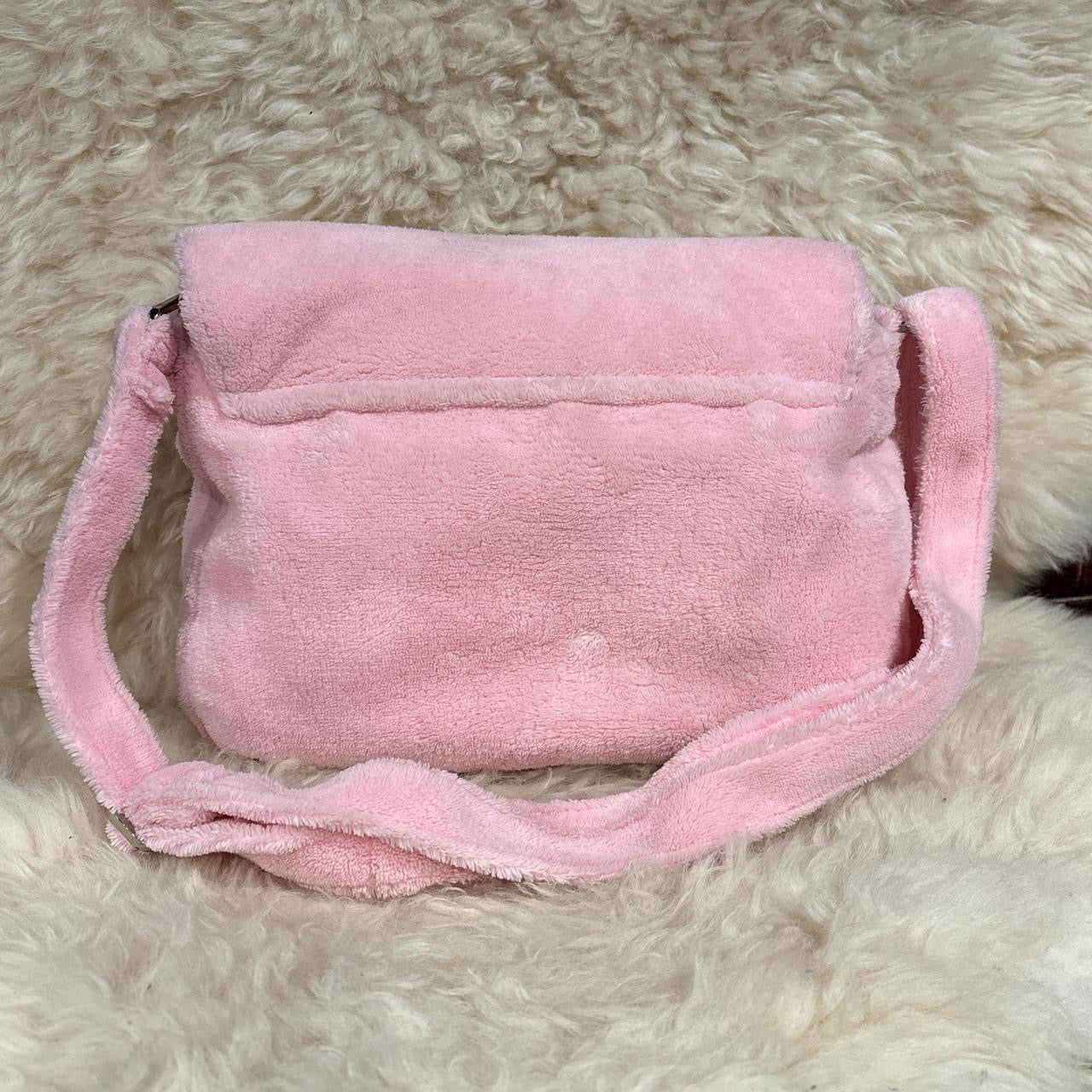 Chanel baby pink fuzzy crossbody with white patent emblem