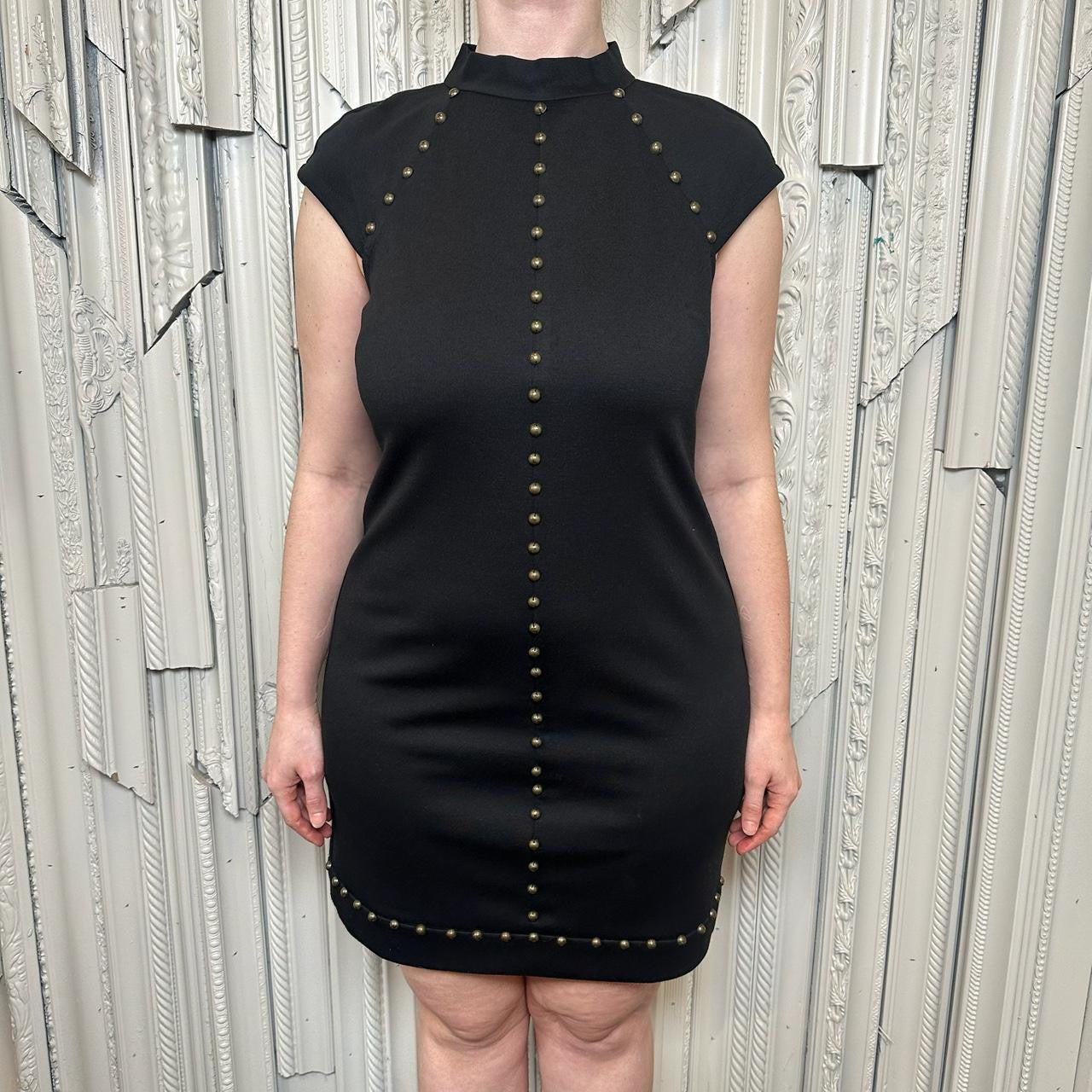 Ice Petite polyester, rayon, spandex blend black mock neck cap sleeve mini dress