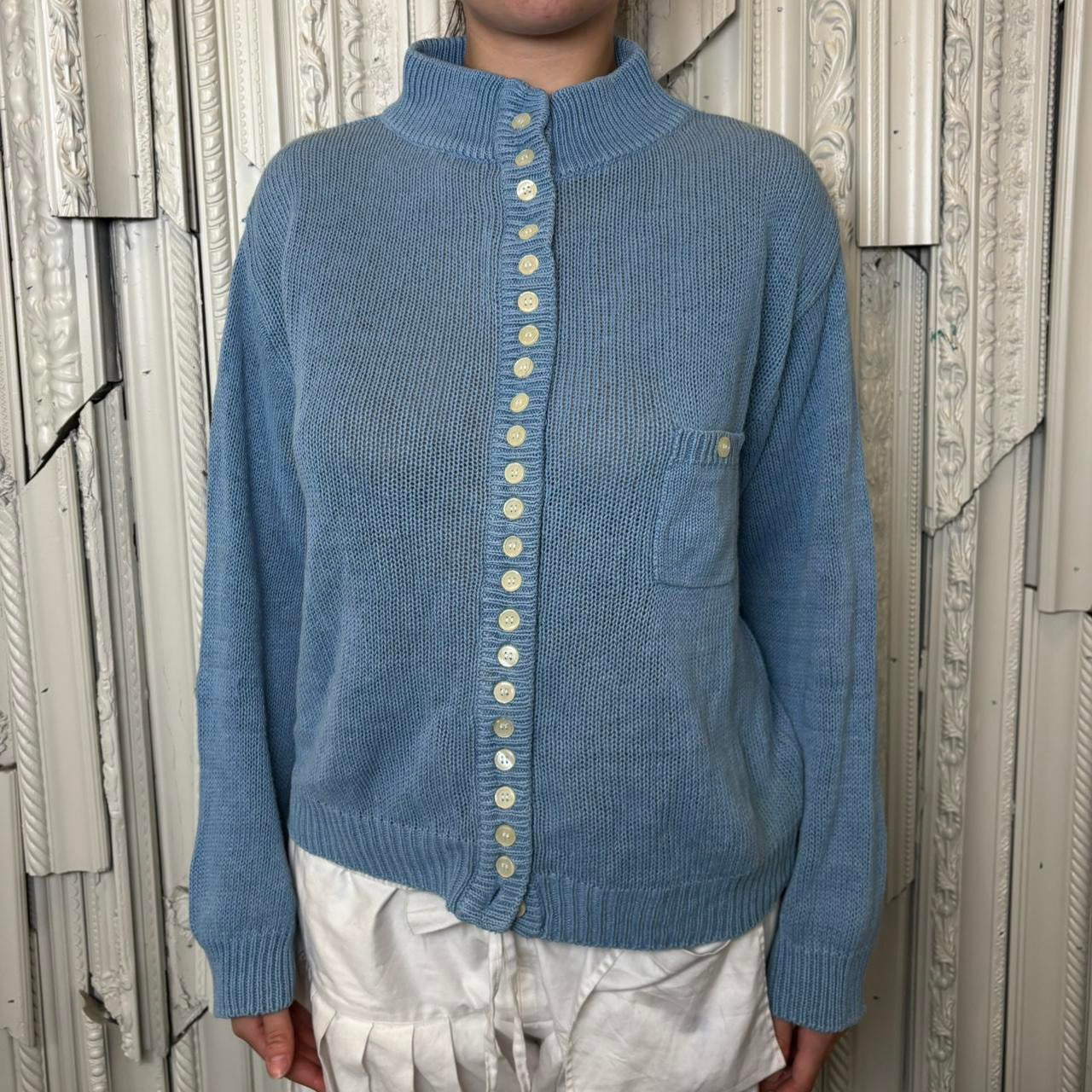 Dana Blake 80s baby blue button down mock neck sweater