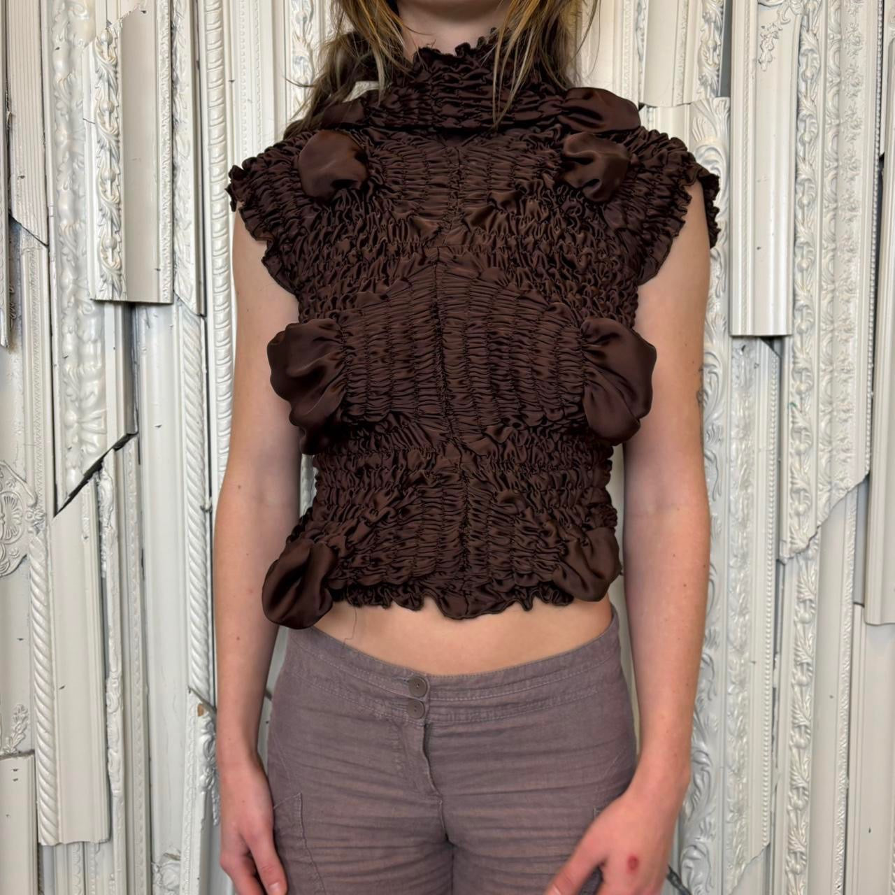 Feben brown twist sleeveless shirred blouse in sleeveless blouse