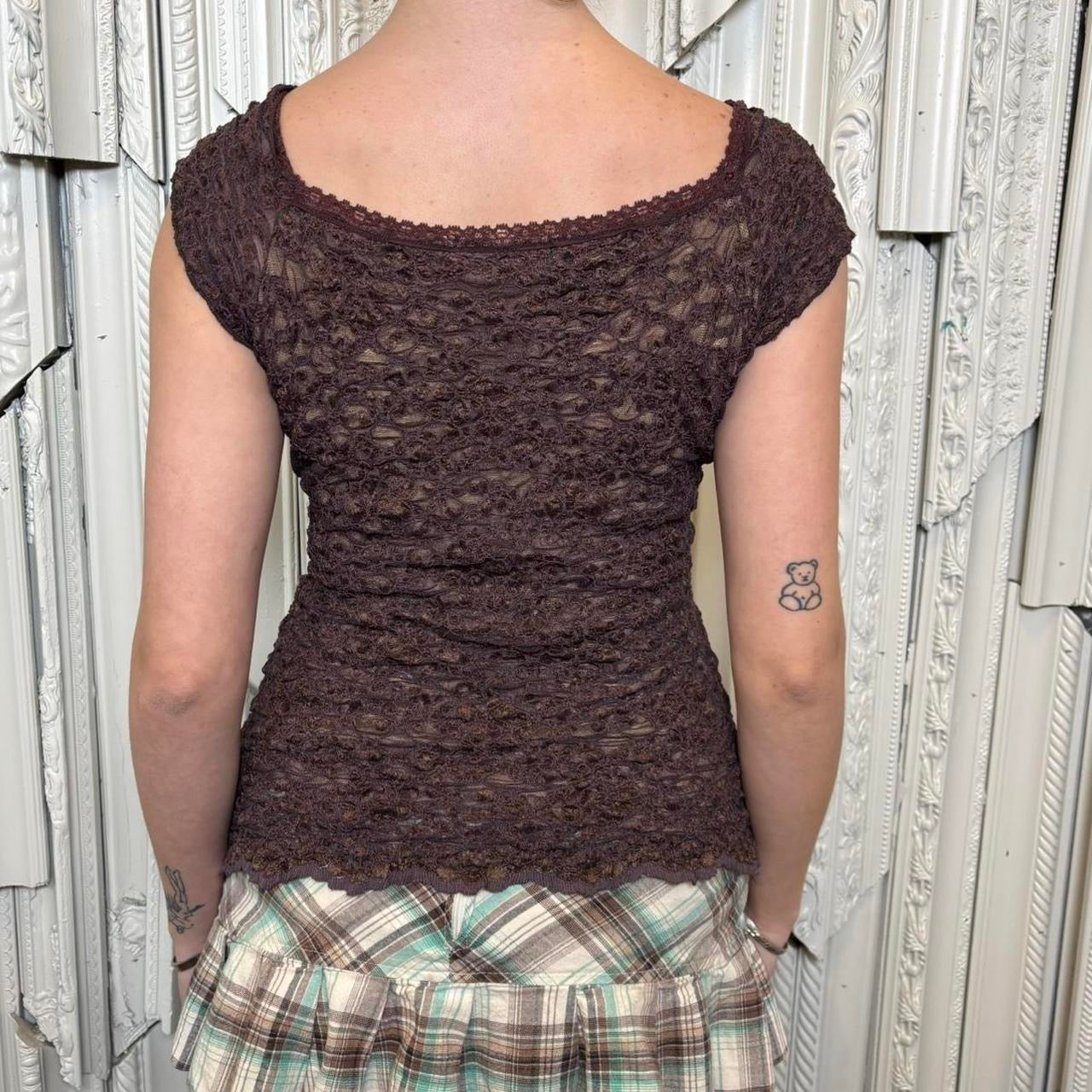 Ann Feriday brown lace cap sleeve top