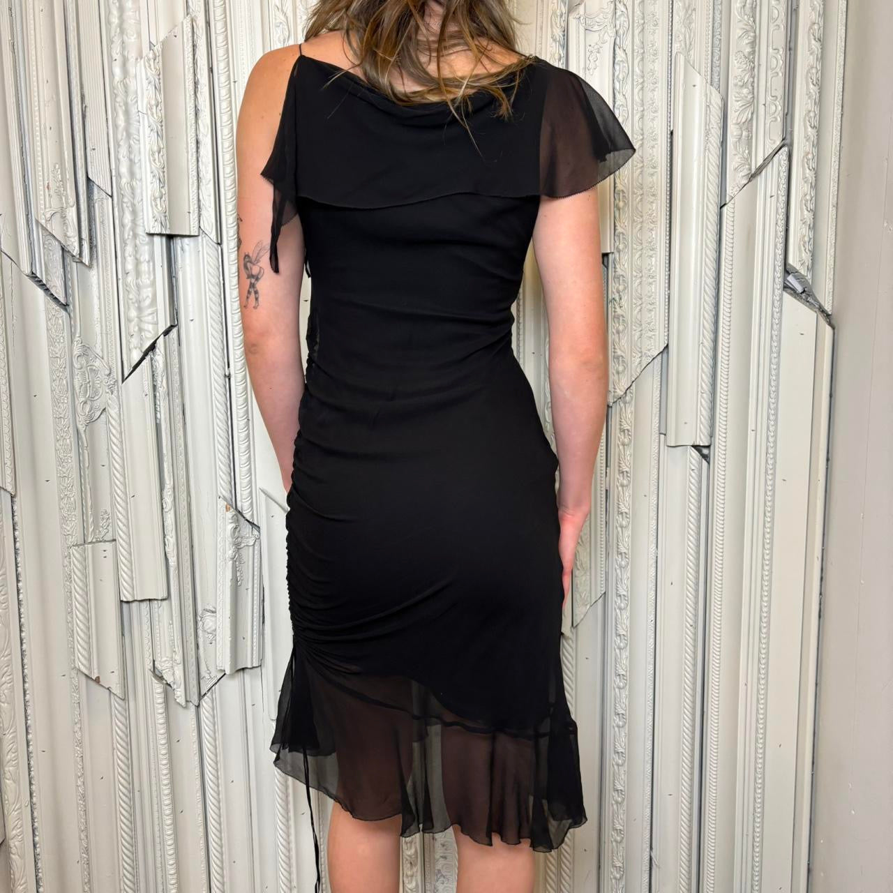 BCBG Maxazria silk black double lined asymmetrical hem midi dress