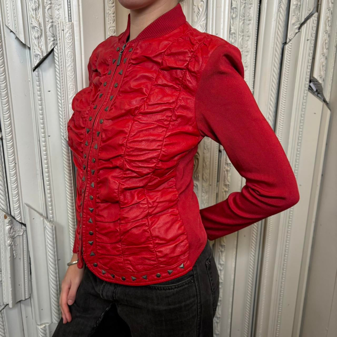 Peter Nygard red leather ruched zip up jacket with studded detailing