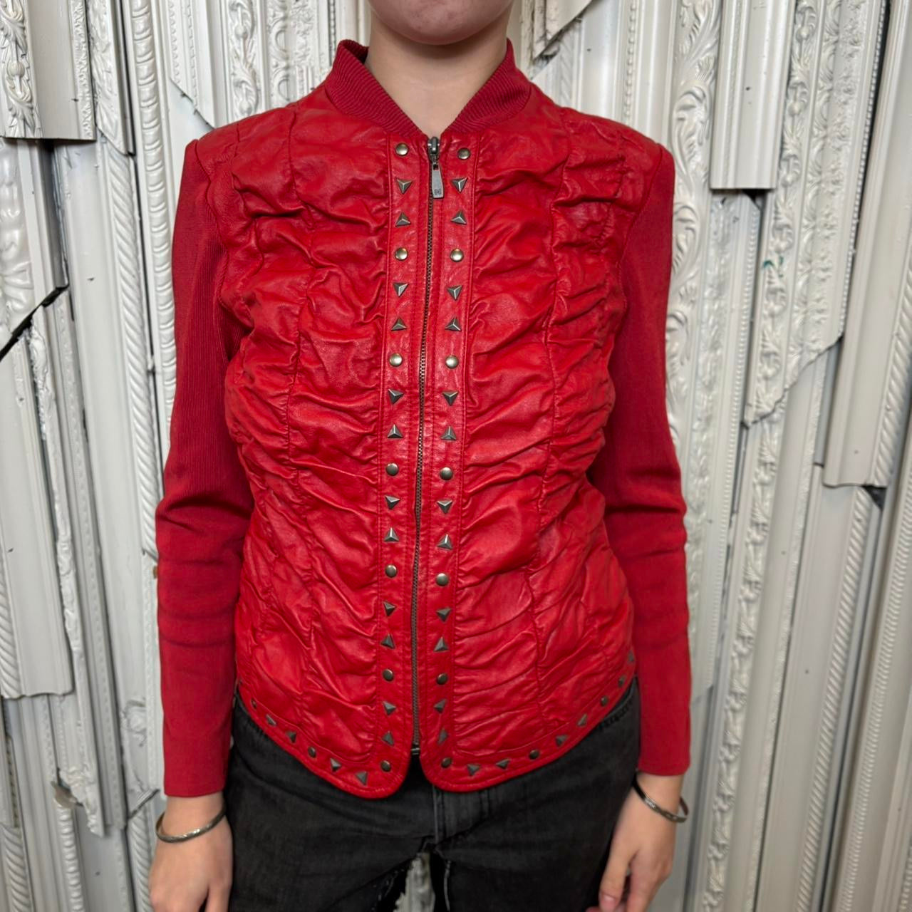 Peter Nygard red leather ruched zip up jacket with studded detailing