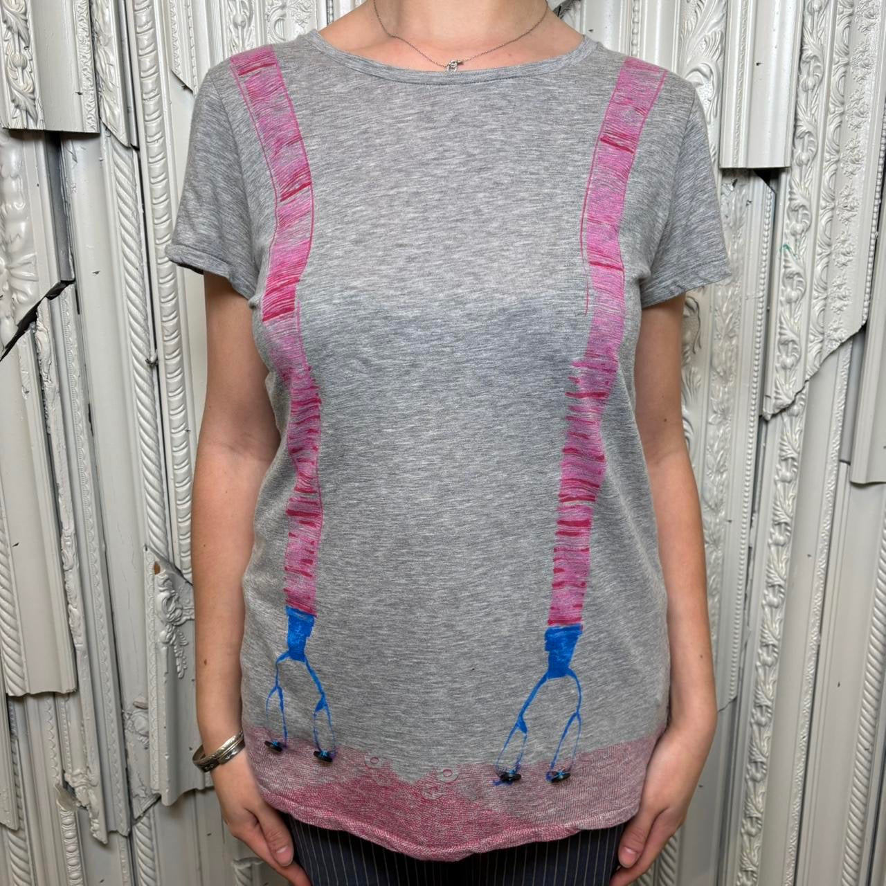 Paul Smith grey tee with pink and blue suspenders graphic