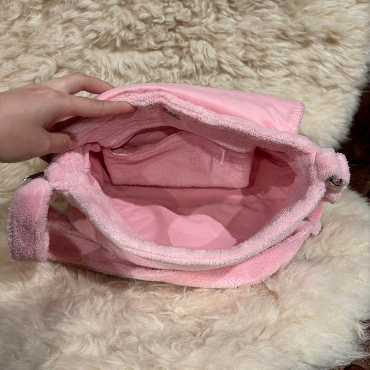 Chanel baby pink fuzzy crossbody with white patent emblem