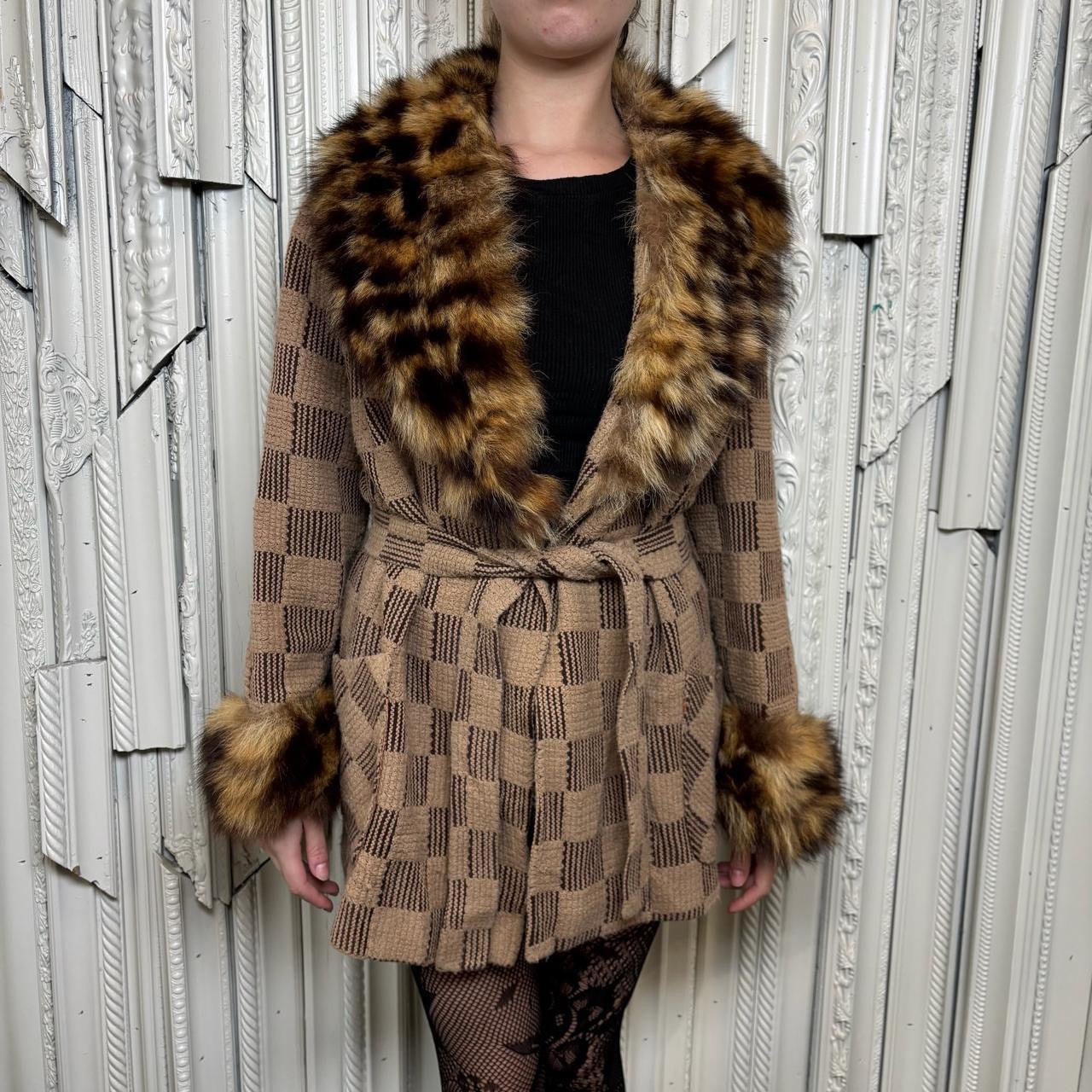 Vintage checkered knit coat with fur trim on neckline and sleeves