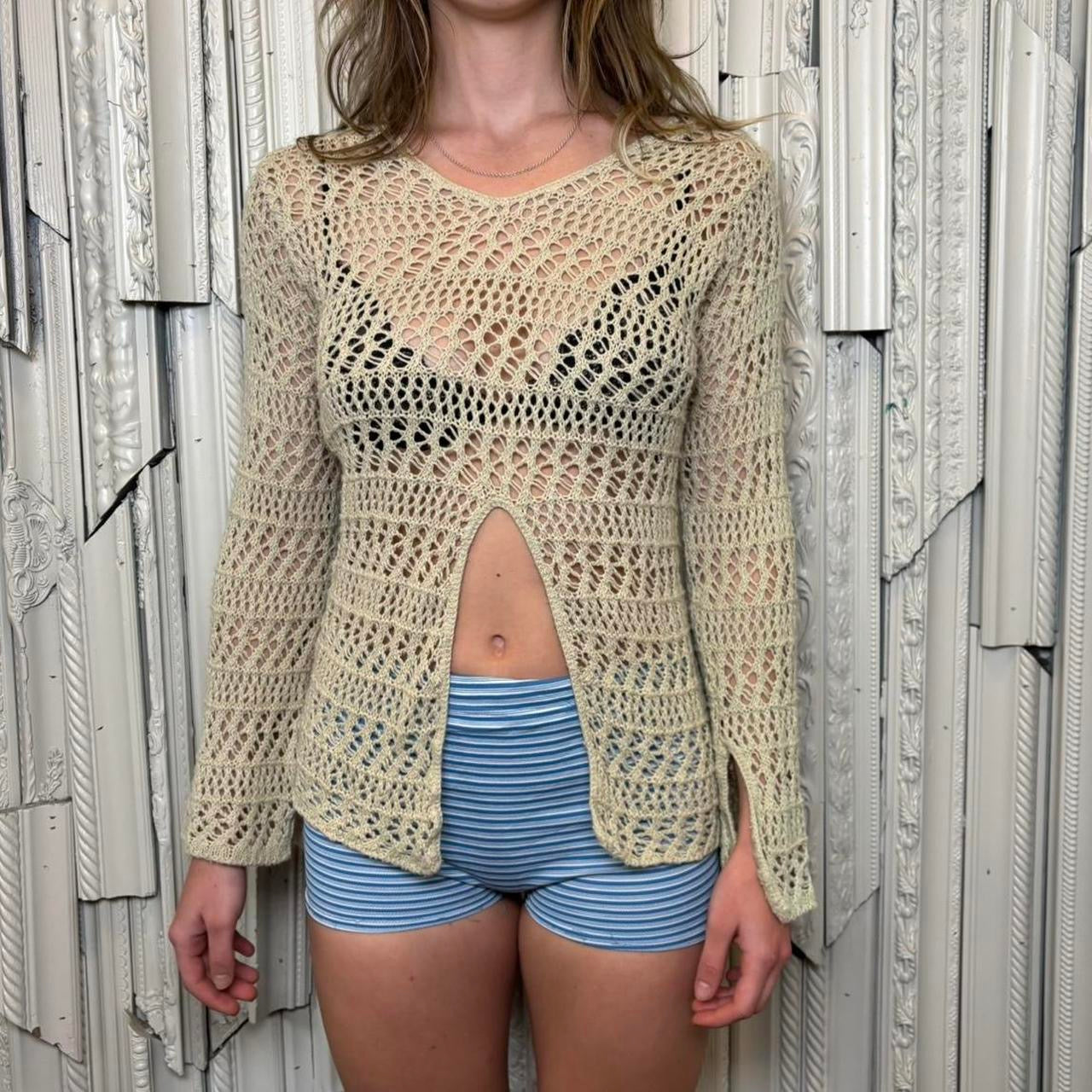 B True tan crocket knit 100% acrylic long sleeve top
