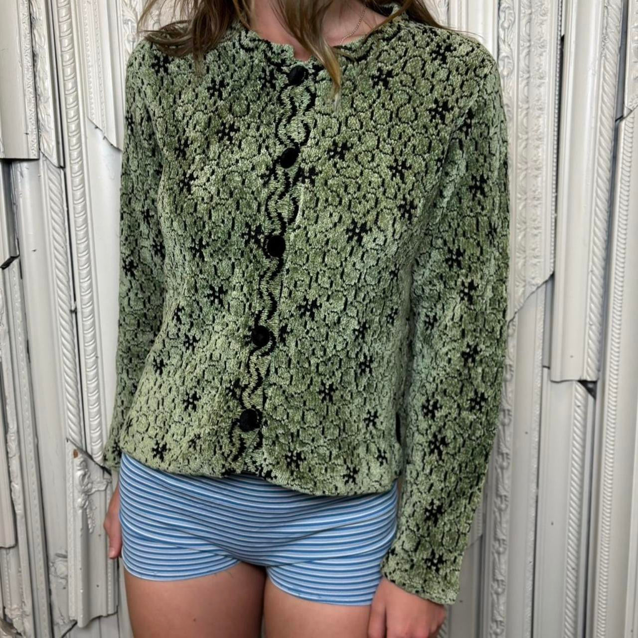 Lan Knits green and black abstract print knit button down cardigan
