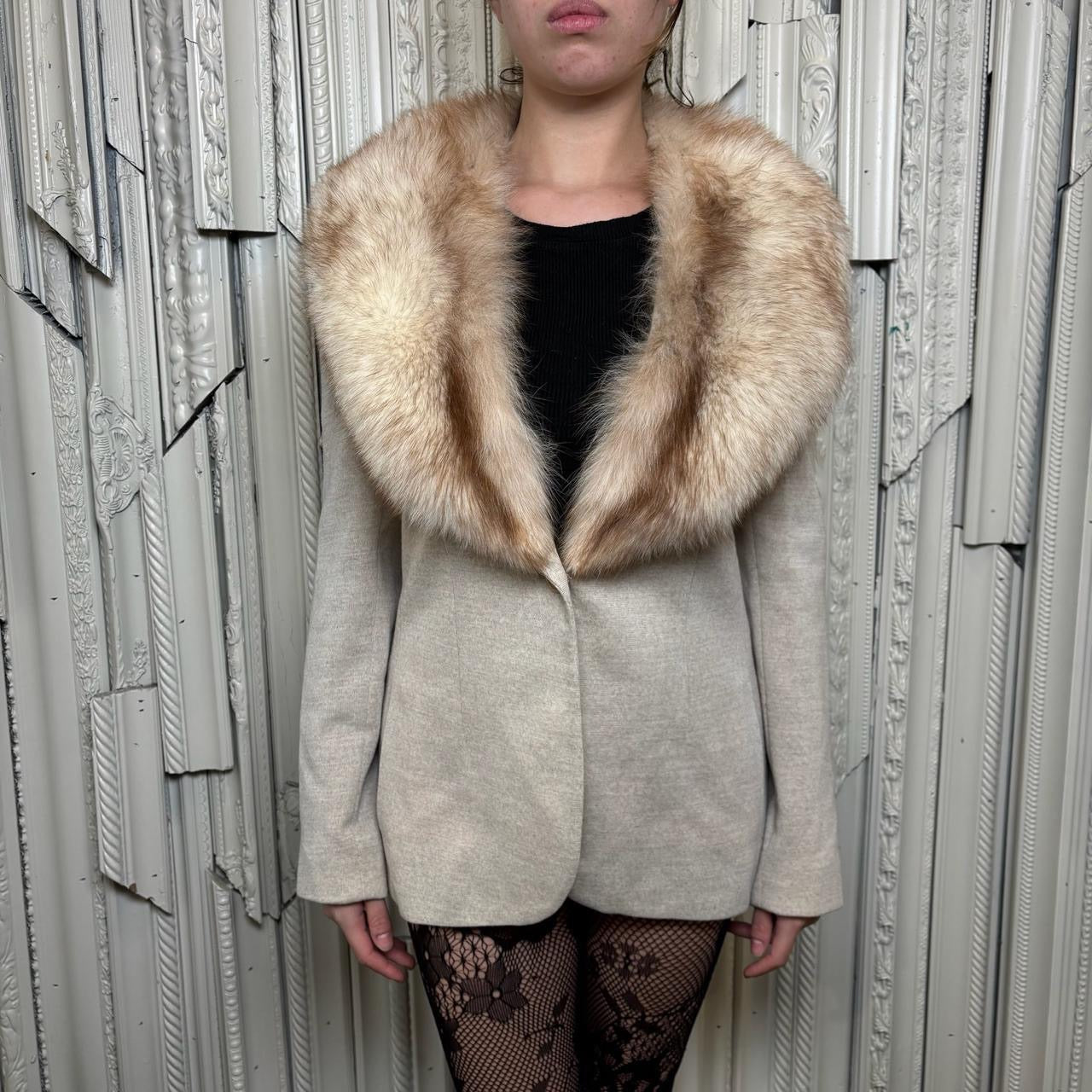 Esther’s 100% wool tan blazer with single button and faux fur collar