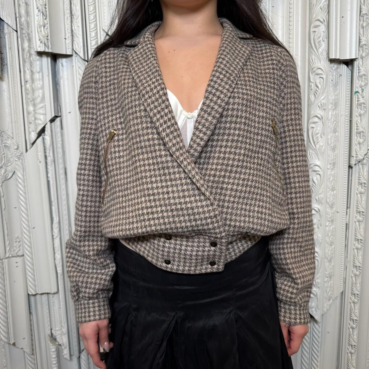 Simpsons vintage brown and tan houndstooth cropped blazer jacket