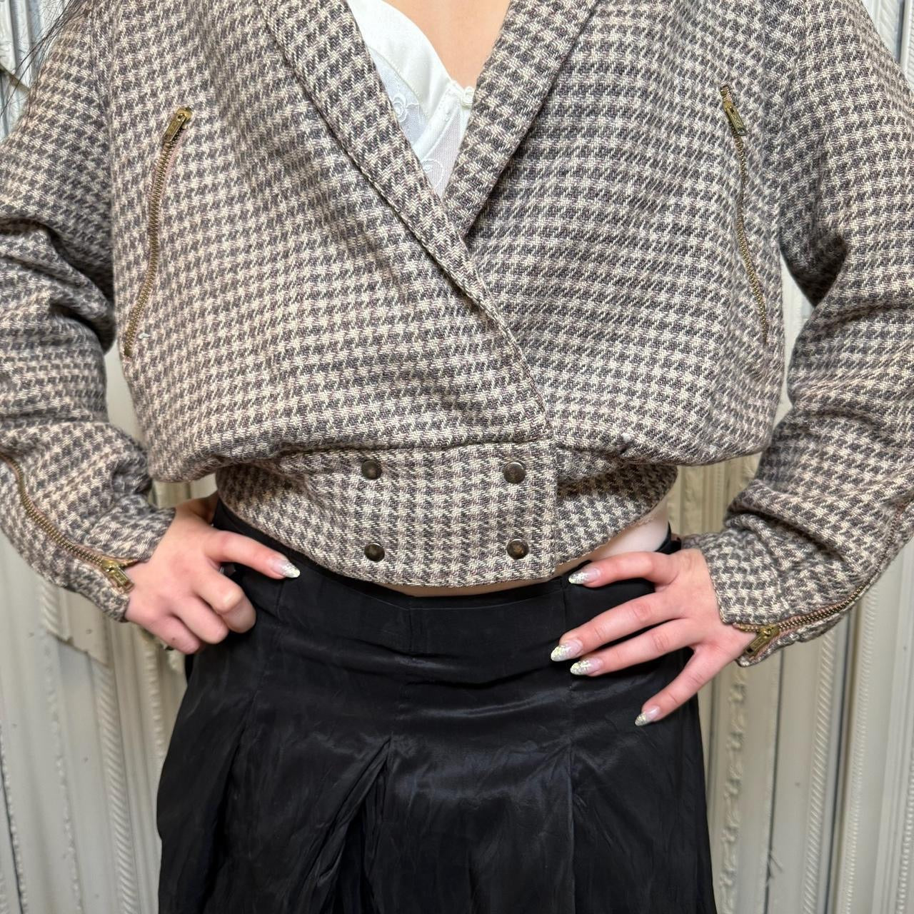 Simpsons vintage brown and tan houndstooth cropped blazer jacket