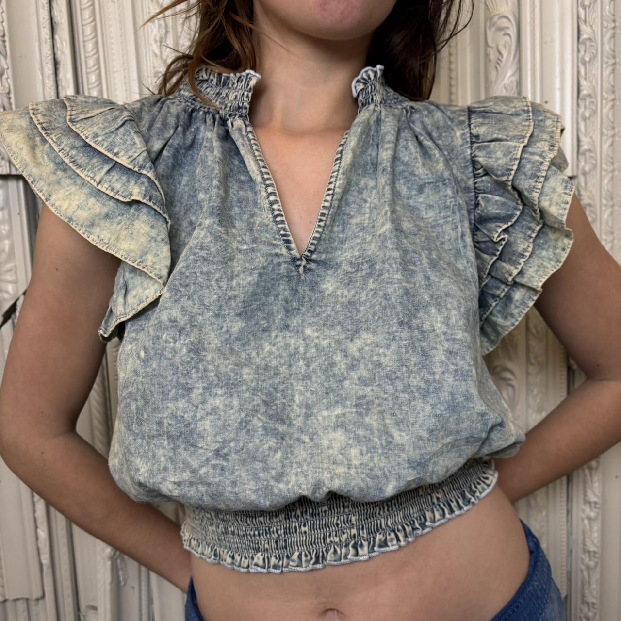 Entro acid wash denim cropped blouse with ruffle detailing