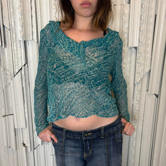 Bob Mackie silk sheer blue  abstract print long sleeve blouse