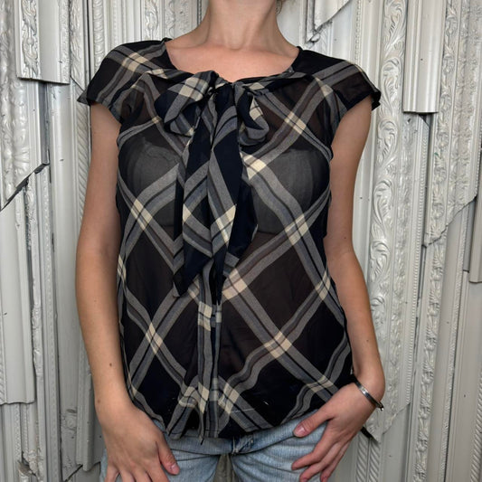 Worthington sheer plaid button down top with tie at collar