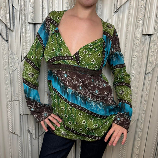 Muarices blue and green floral print v neck bell sleeve top