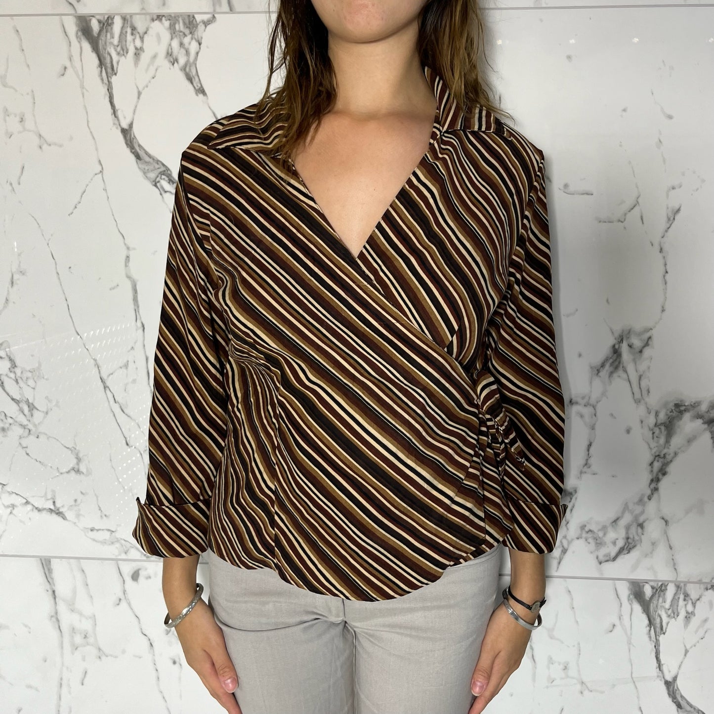 South Dudley multi tone brown stripe quarter sleeve wrap top