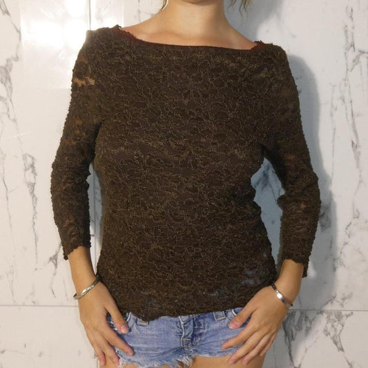 Nouveau T’s brown lace netted long sleeve top