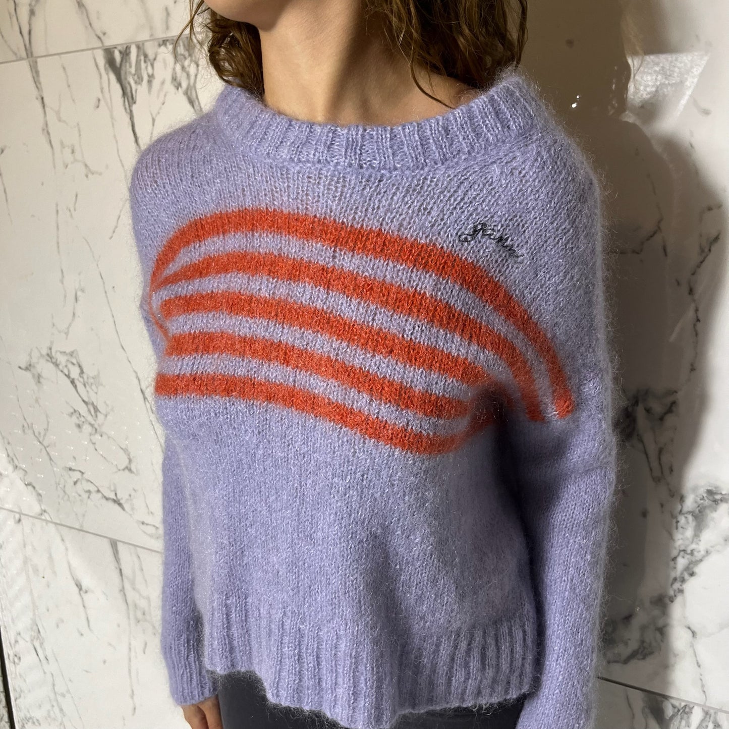 Ganni fuzzy purple knit sweater with orange stripes