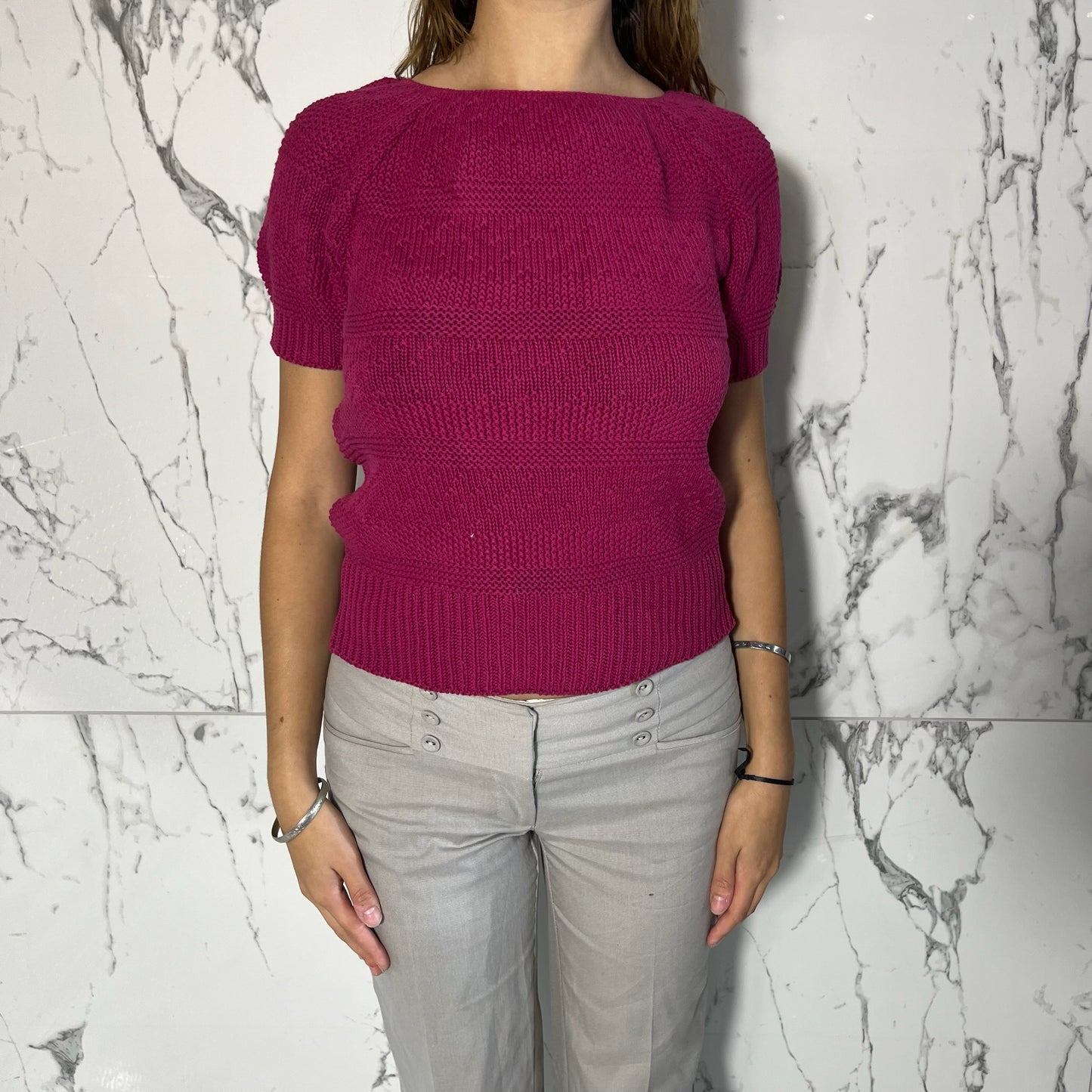 Cross-County Knits purpley-pink short sleeve sweater