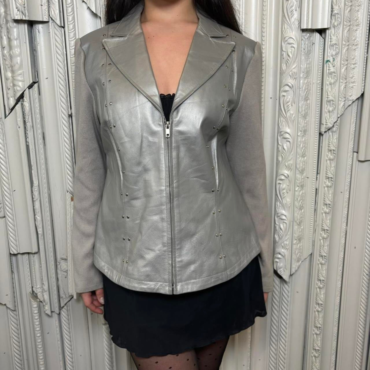 Nygard Collection grey zip up collared leather and cotton blend knit jacket