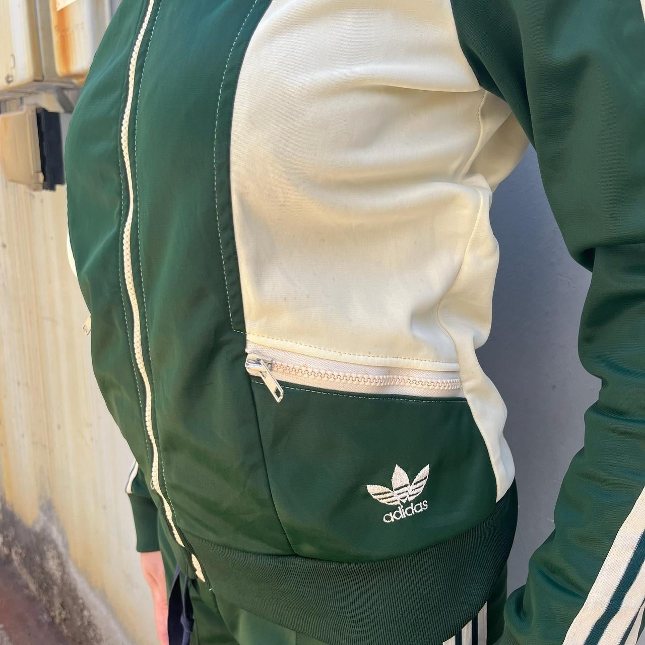 Vintage Adidas 70s dark green and white two piece jacket and pants track suit