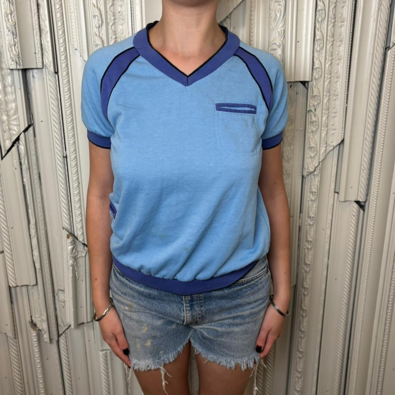 Lindy Park 80s polyester sporty baby blue and purple v neck tee