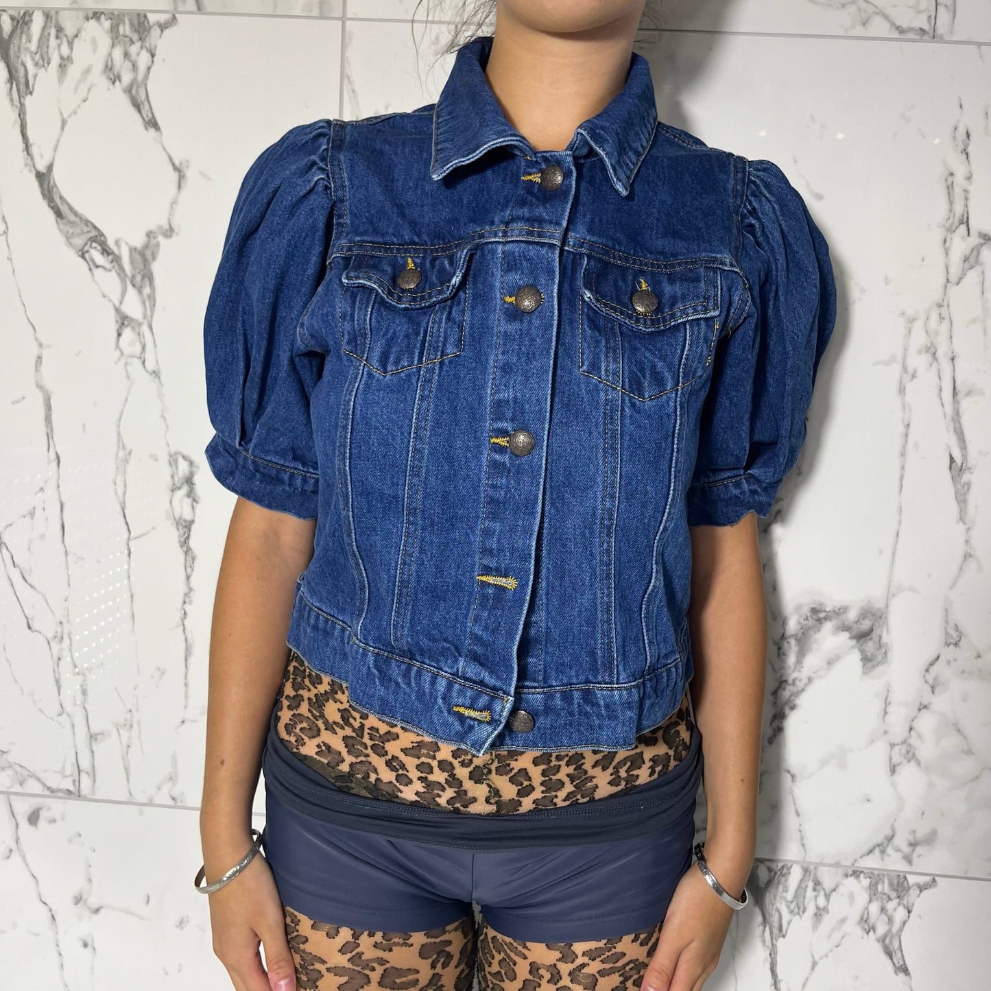 Swank dark wash denim puff short sleeve denim jacket