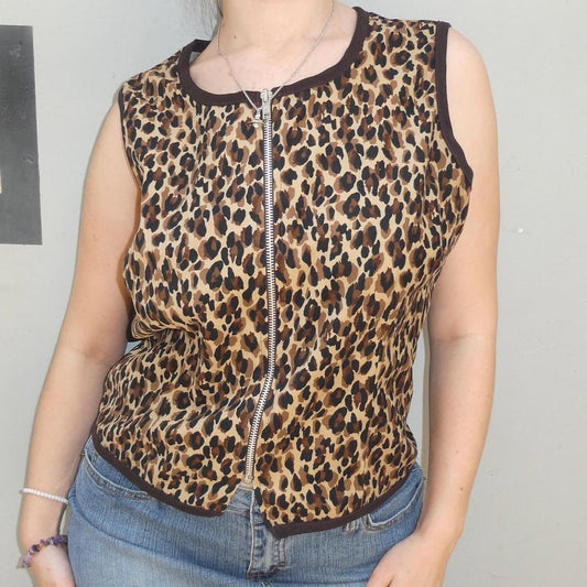 Vanity Brown and cream cheetah print zip up vest top